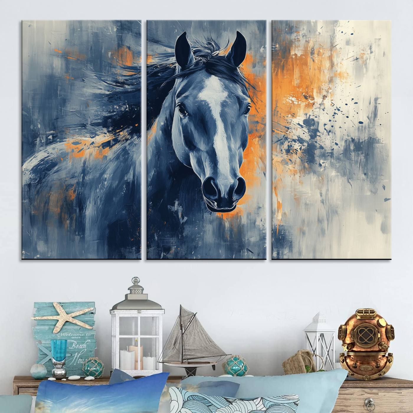52676-MGV-CV-48X32-3P-Abstract Blue Horse Wall Art Print Canvas | Horse Wall Art Print | Western Decor for Farmhouse | Rustic Cabin Art