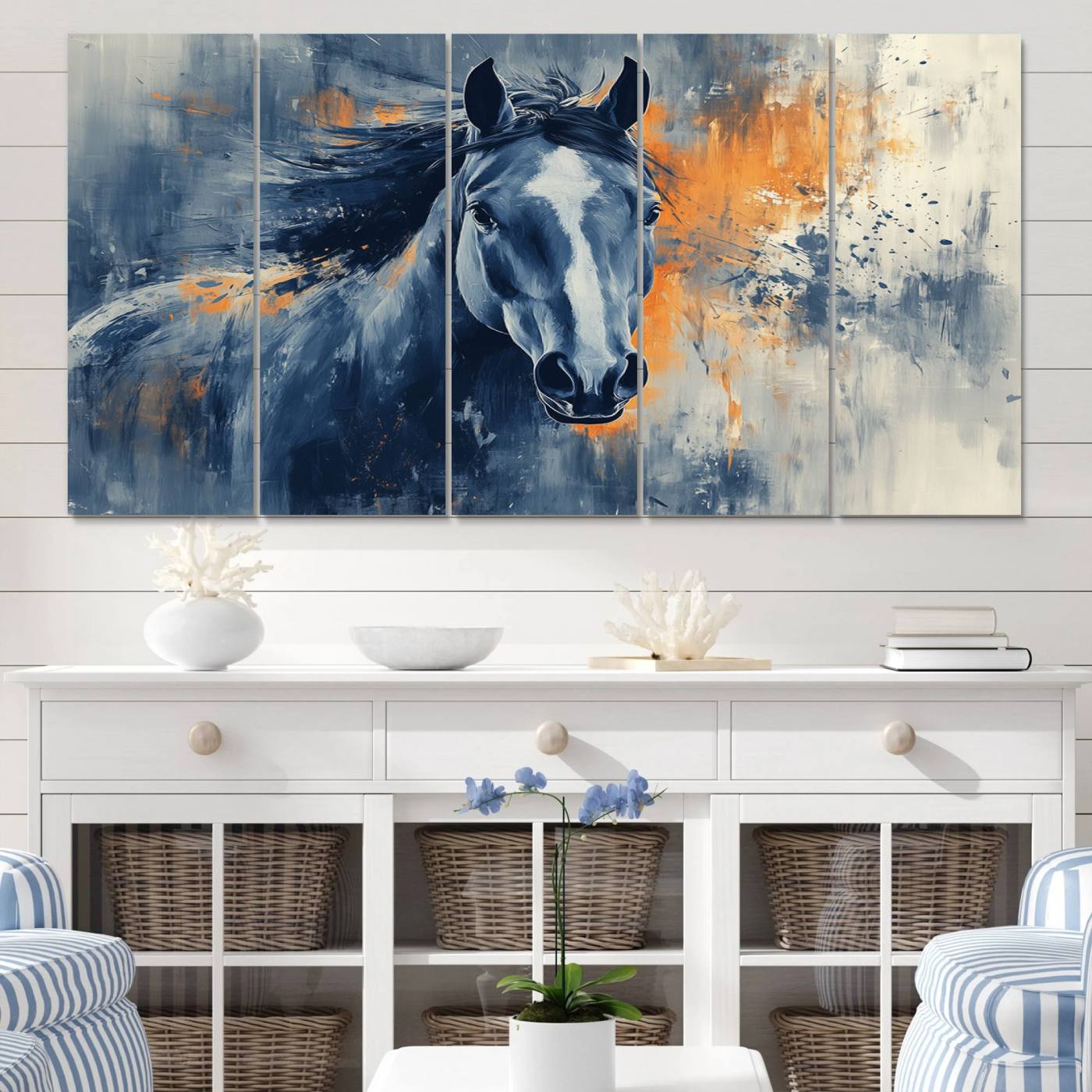 52676-MGV-CV-60X31-5P-Abstract Blue Horse Wall Art Print Canvas | Horse Wall Art Print | Western Decor for Farmhouse | Rustic Cabin Art