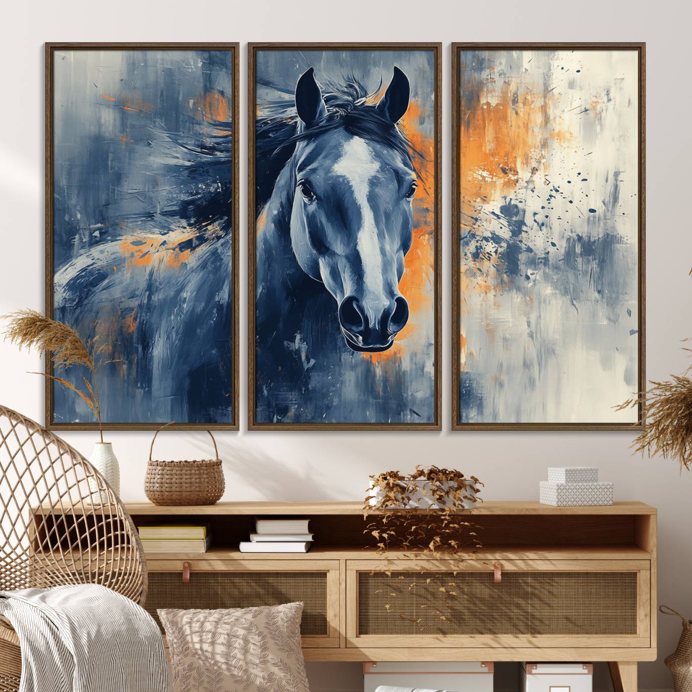 52676-MGV-FC-48X32-3P_Walnut-Abstract Blue Horse Wall Art Print Canvas | Horse Wall Art Print | Western Decor for Farmhouse | Rustic Cabin Art