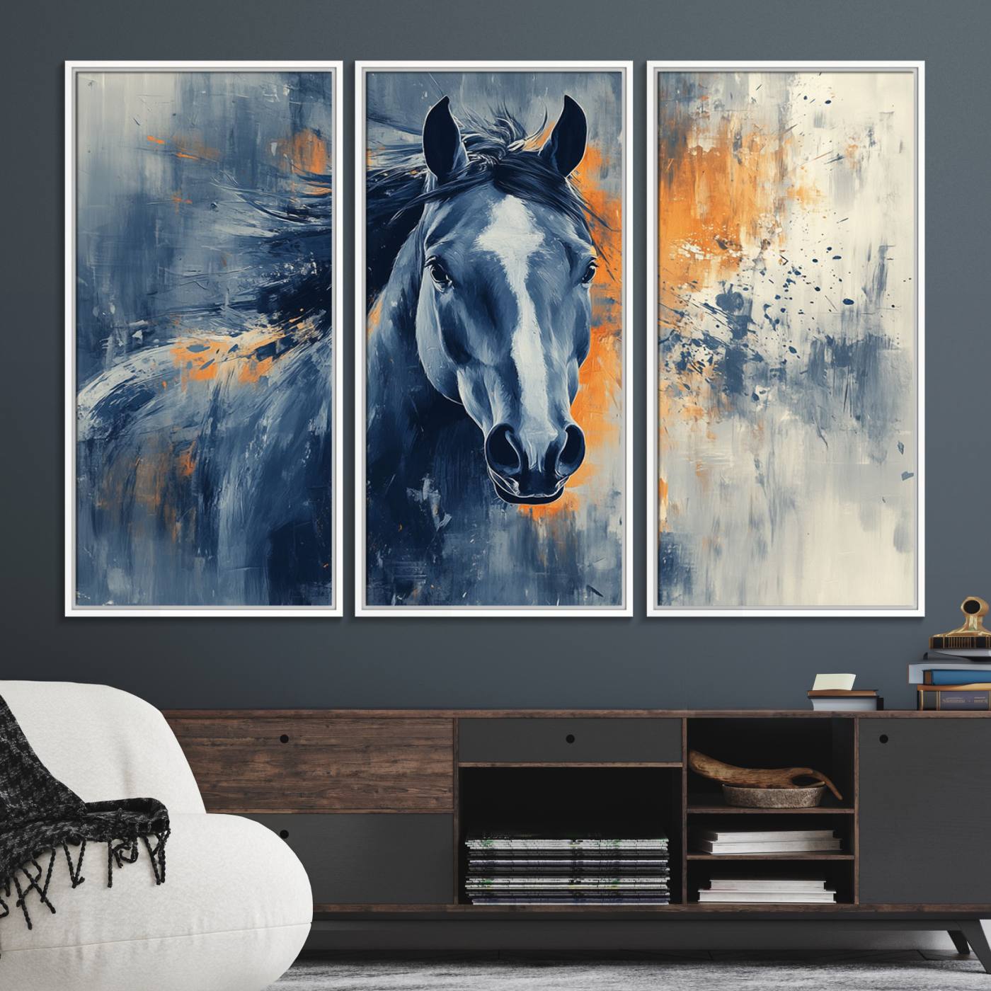 52676-MGV-FC-48X32-3P_White-Abstract Blue Horse Wall Art Print Canvas | Horse Wall Art Print | Western Decor for Farmhouse | Rustic Cabin Art
