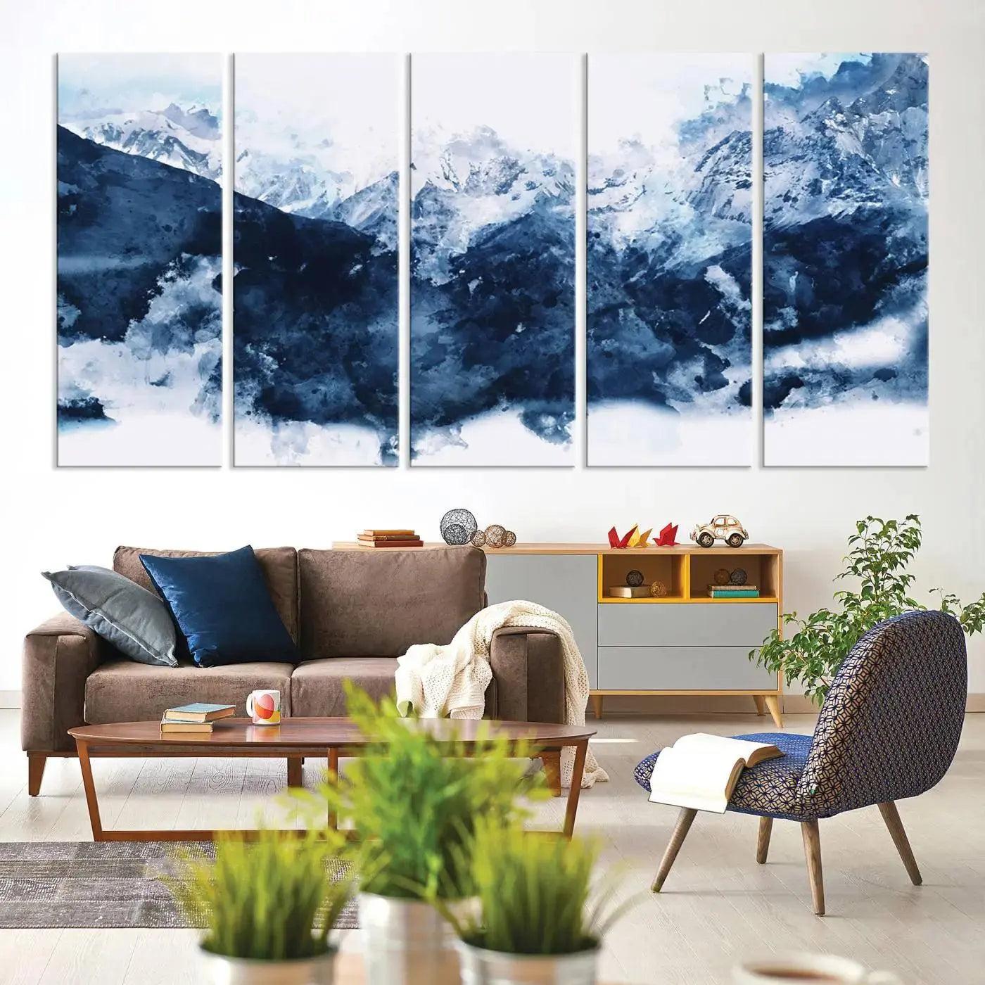 81700-MGV-CV-60X31-5P-Abstract Blue Mountain Canvas Wall Art – Modern Triptych Landscape Print – Contemporary Nature Decor for Living Room or Office – Ready to