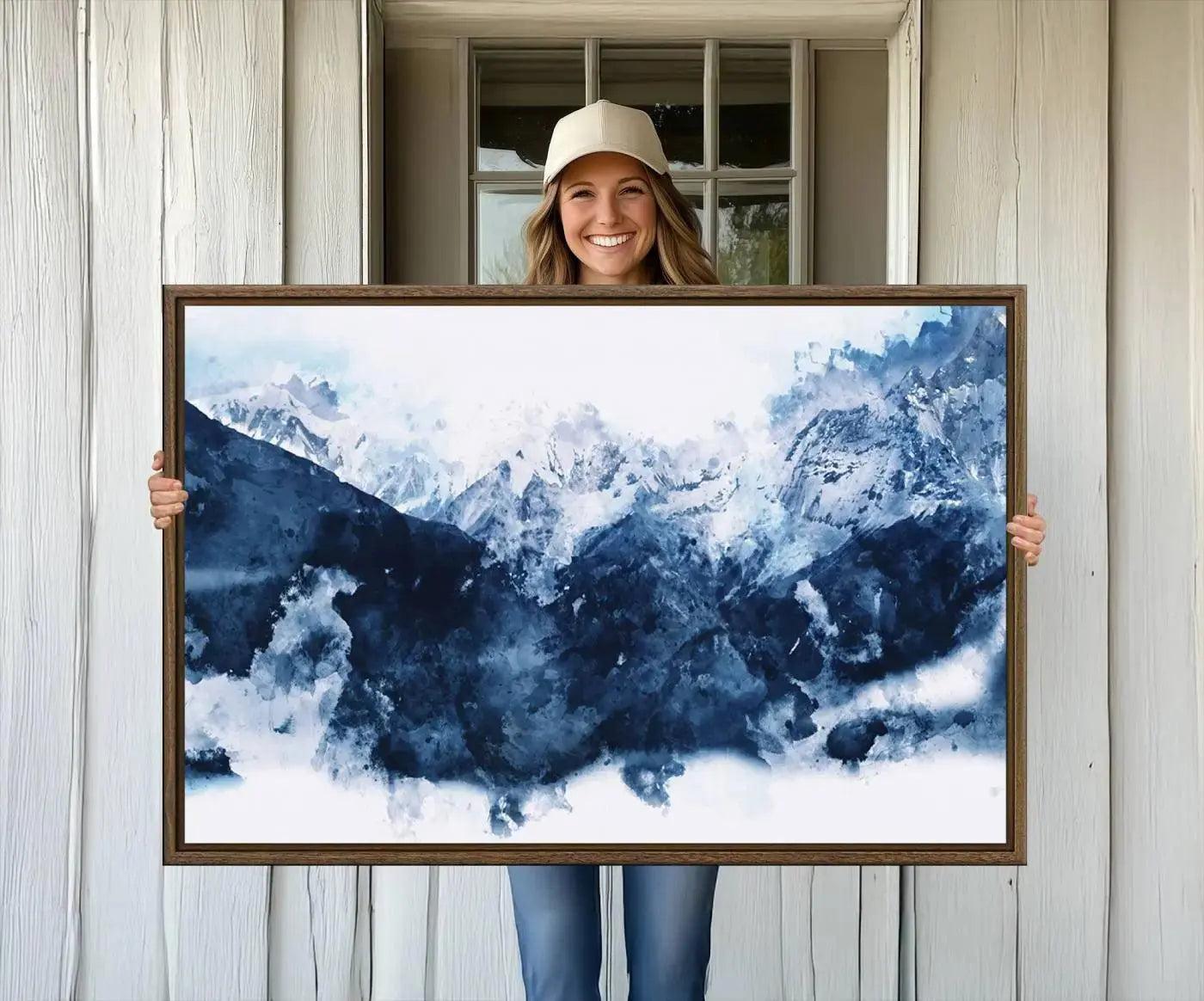Abstract Blue Mountain Canvas Wall Art – Modern Triptych Landscape Print – Contemporary Nature Decor for Living Room or Office – Ready to