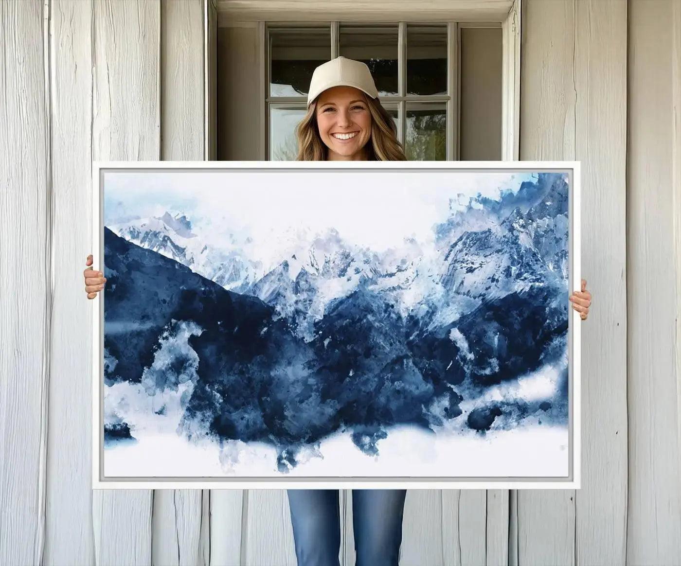 Abstract Blue Mountain Canvas Wall Art – Modern Triptych Landscape Print – Contemporary Nature Decor for Living Room or Office – Ready to