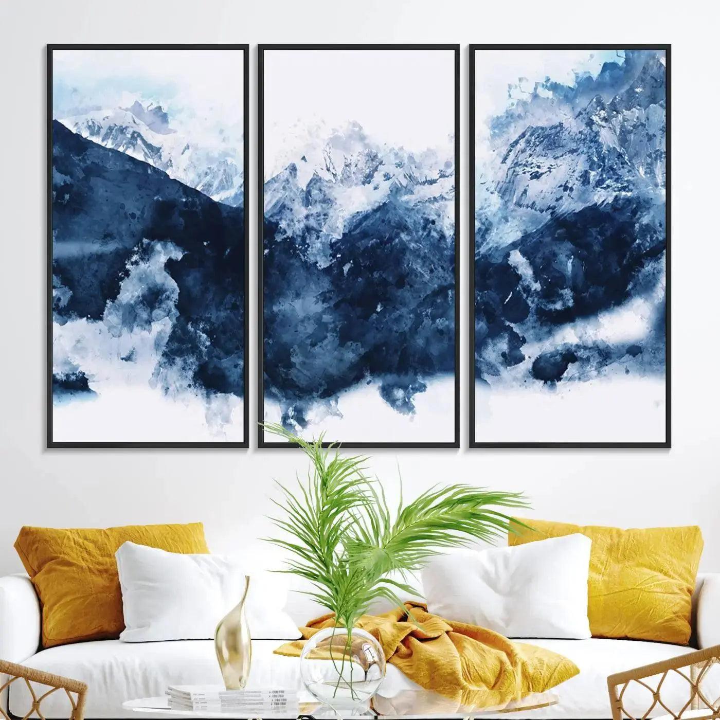 81700-MGV-FC-48X32-3P_Black-Abstract Blue Mountain Canvas Wall Art – Modern Triptych Landscape Print – Contemporary Nature Decor for Living Room or Office – Ready to