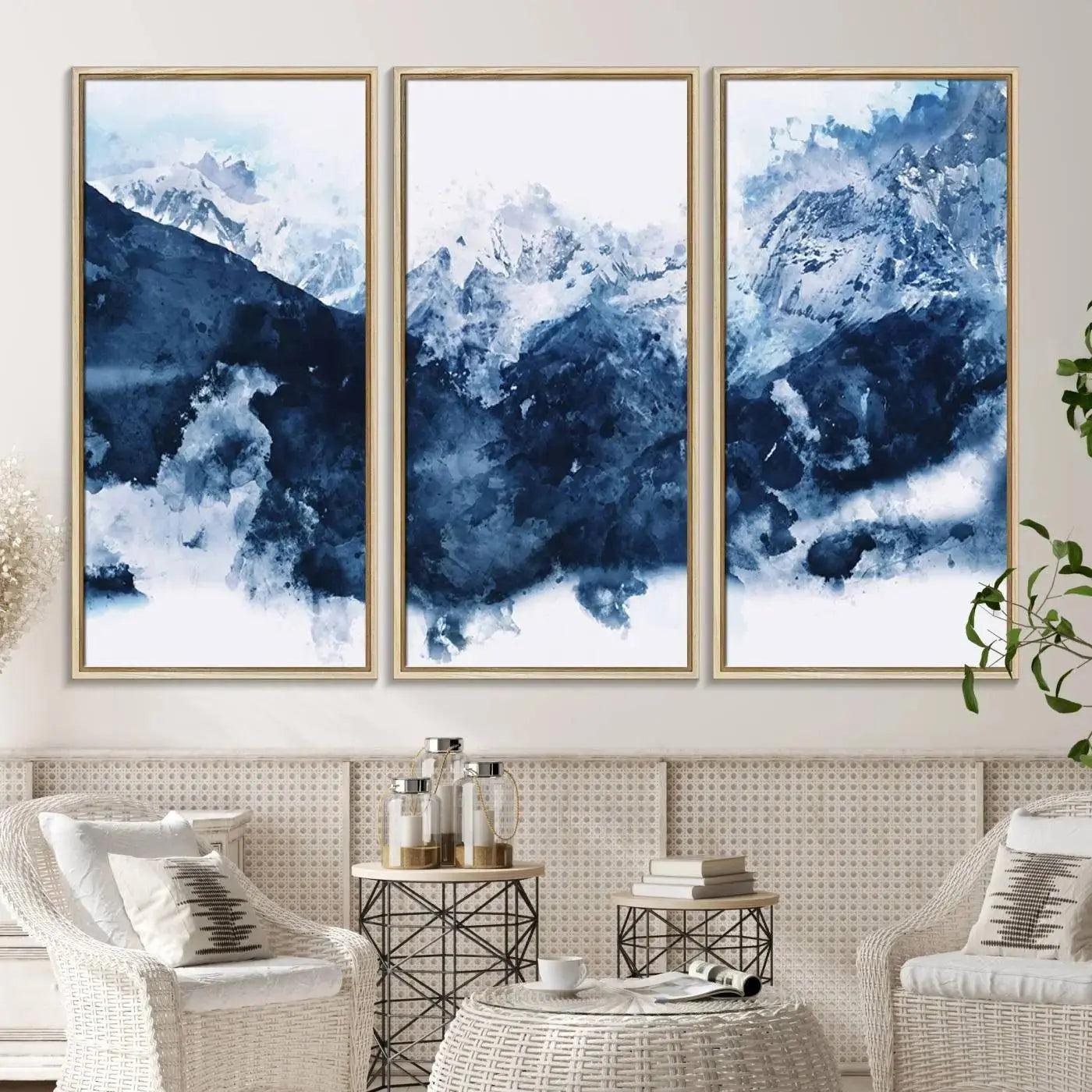81700-MGV-FC-48X32-3P_Natural-Abstract Blue Mountain Canvas Wall Art – Modern Triptych Landscape Print – Contemporary Nature Decor for Living Room or Office – Ready to