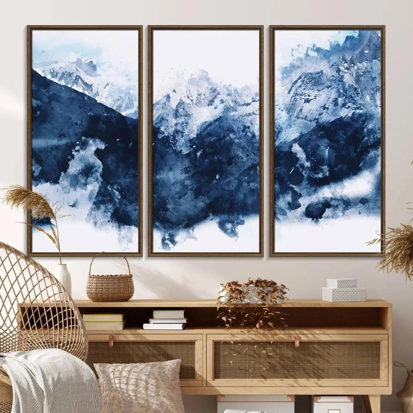 81700-MGV-FC-48X32-3P_Walnut-Abstract Blue Mountain Canvas Wall Art – Modern Triptych Landscape Print – Contemporary Nature Decor for Living Room or Office – Ready to