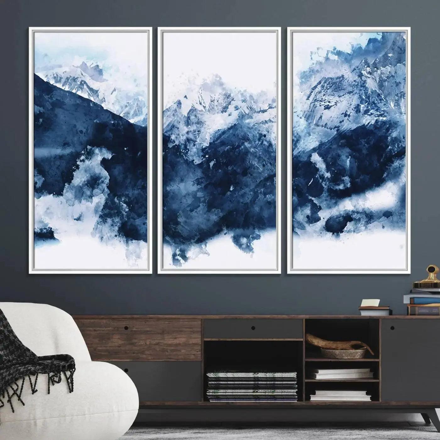 81700-MGV-FC-48X32-3P_White-Abstract Blue Mountain Canvas Wall Art – Modern Triptych Landscape Print – Contemporary Nature Decor for Living Room or Office – Ready to