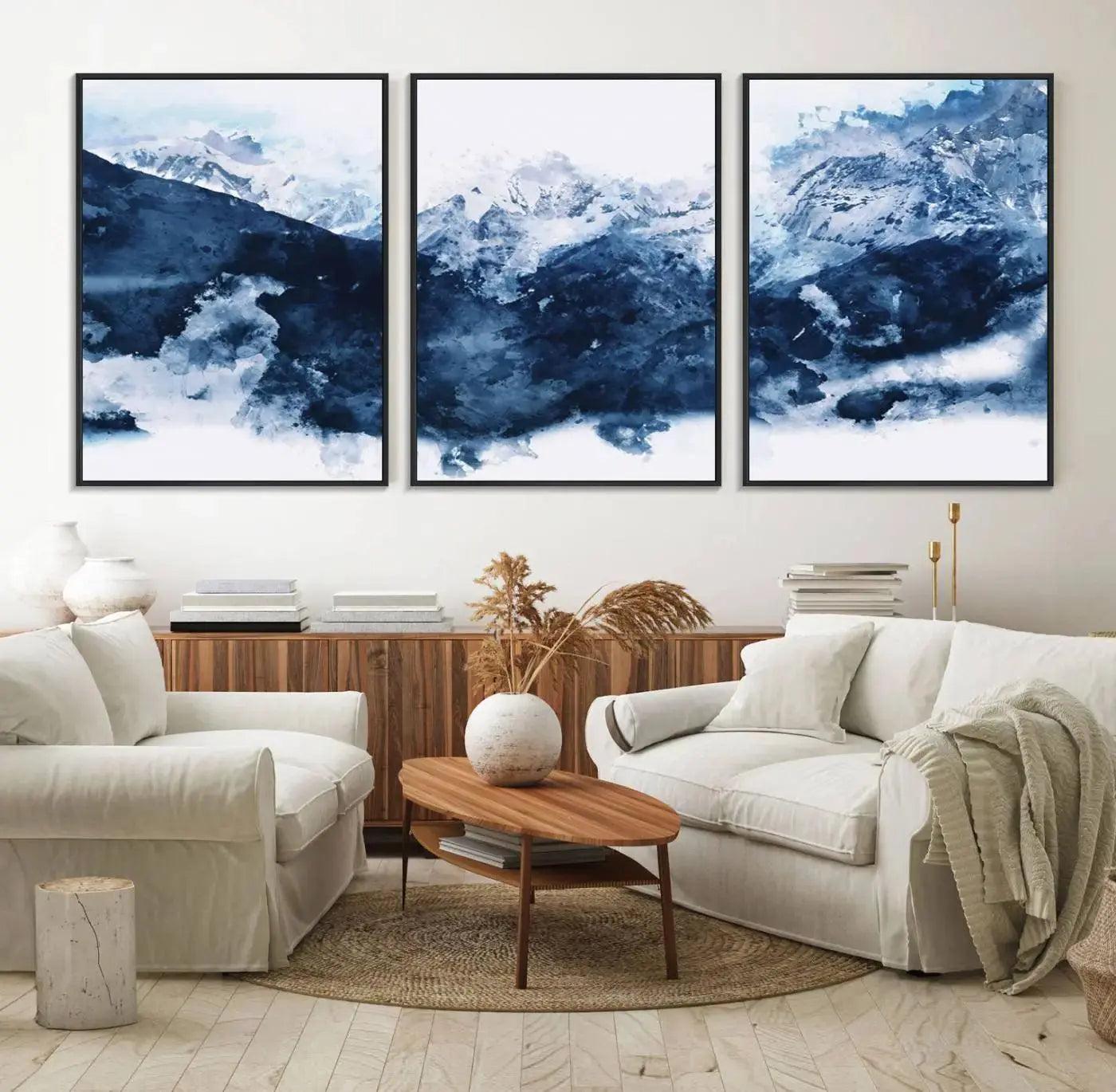 81700-MGV-FC-60X30-3P_Black-Abstract Blue Mountain Canvas Wall Art – Modern Triptych Landscape Print – Contemporary Nature Decor for Living Room or Office – Ready to