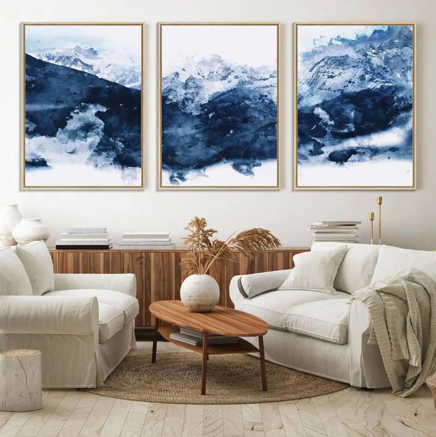 81700-MGV-FC-60X30-3P_Natural-Abstract Blue Mountain Canvas Wall Art – Modern Triptych Landscape Print – Contemporary Nature Decor for Living Room or Office – Ready to