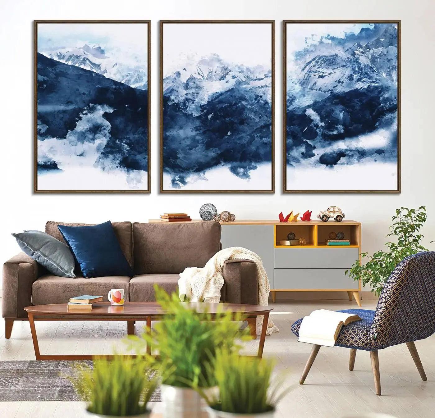 81700-MGV-FC-60X30-3P_Walnut-Abstract Blue Mountain Canvas Wall Art – Modern Triptych Landscape Print – Contemporary Nature Decor for Living Room or Office – Ready to