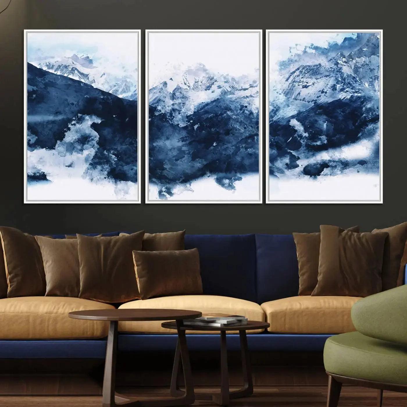81700-MGV-FC-60X30-3P_White-Abstract Blue Mountain Canvas Wall Art – Modern Triptych Landscape Print – Contemporary Nature Decor for Living Room or Office – Ready to