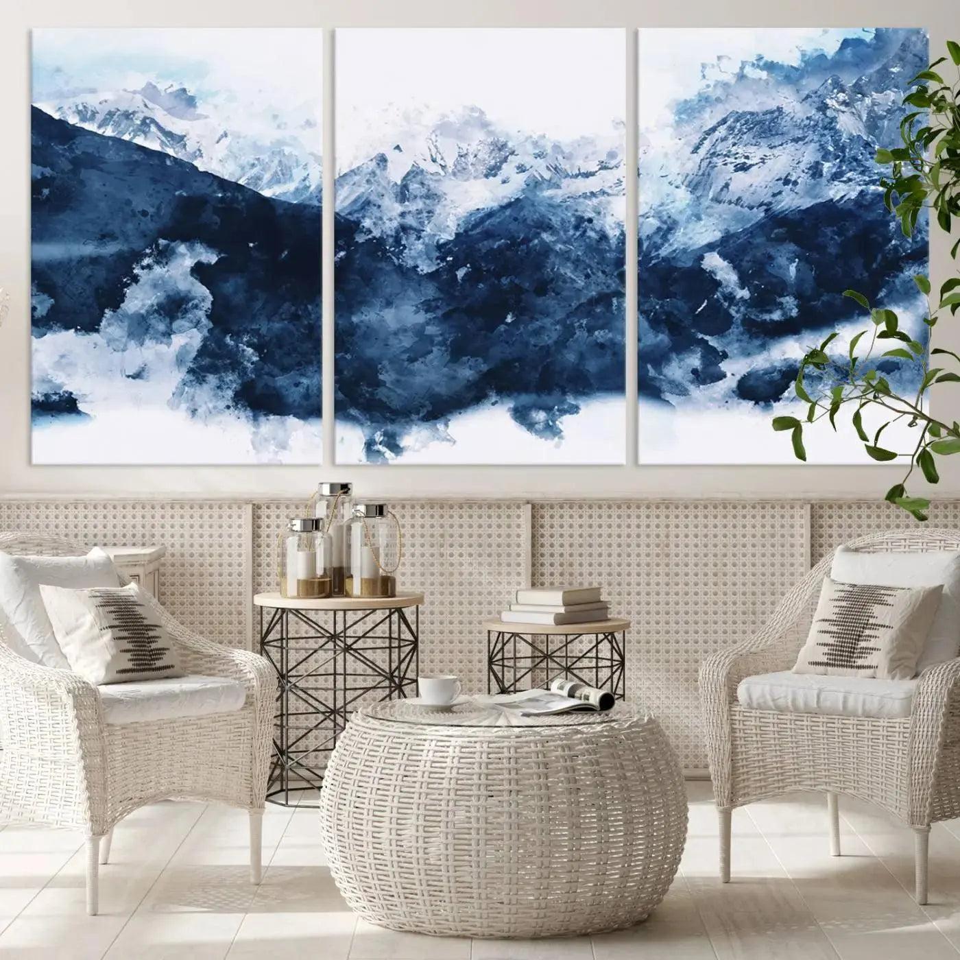 Abstract Blue Mountain Canvas Wall Art – Modern Triptych Landscape Print – Contemporary Nature Decor for Living Room or Office – Ready to