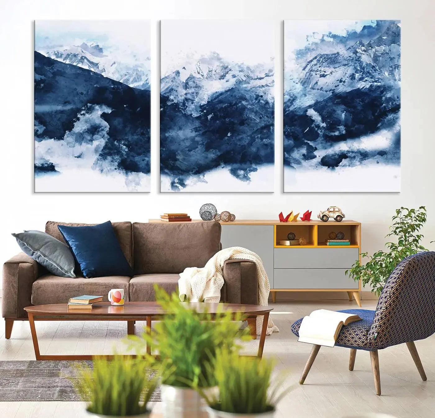 Abstract Blue Mountain Canvas Wall Art – Modern Triptych Landscape Print – Contemporary Nature Decor for Living Room or Office – Ready to