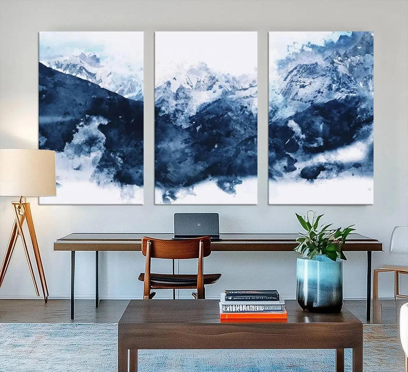 Abstract Blue Mountain Canvas Wall Art – Modern Triptych Landscape Print – Contemporary Nature Decor for Living Room or Office – Ready to
