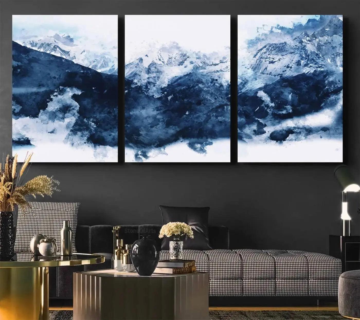Abstract Blue Mountain Canvas Wall Art – Modern Triptych Landscape Print – Contemporary Nature Decor for Living Room or Office – Ready to