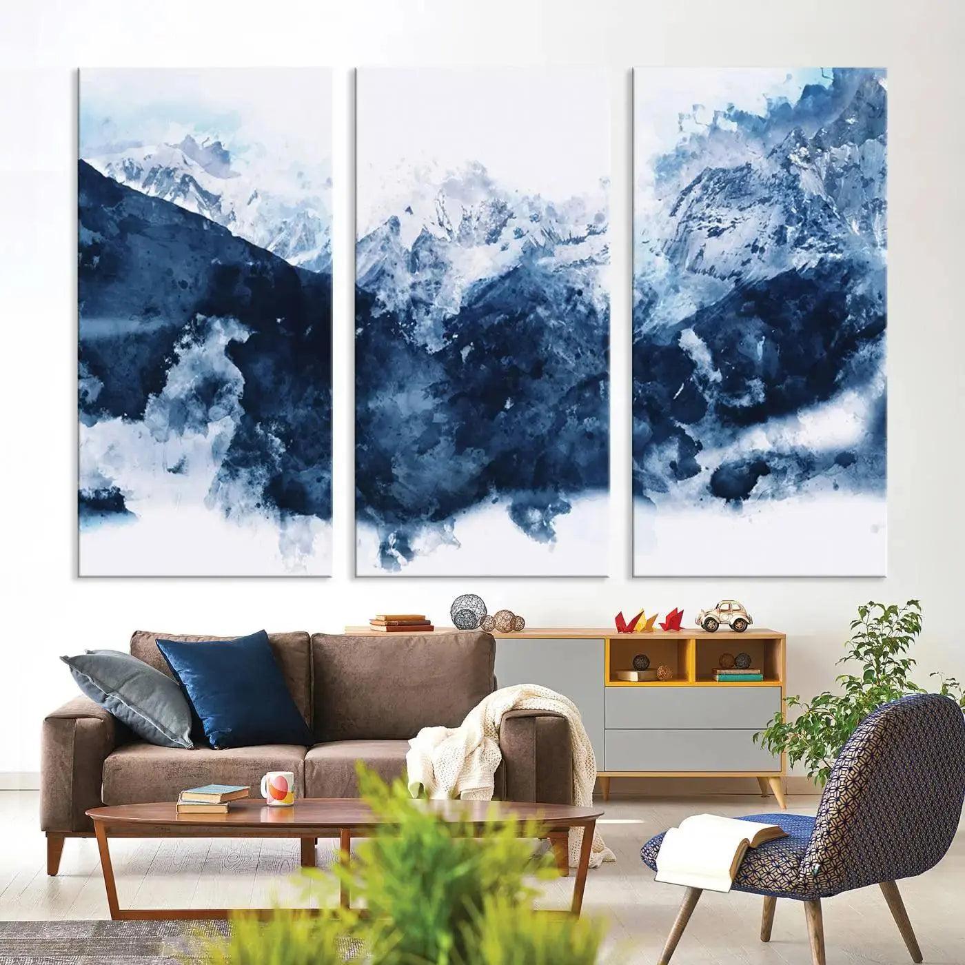 Abstract Blue Mountain Canvas Wall Art – Modern Triptych Landscape Print – Contemporary Nature Decor for Living Room or Office – Ready to