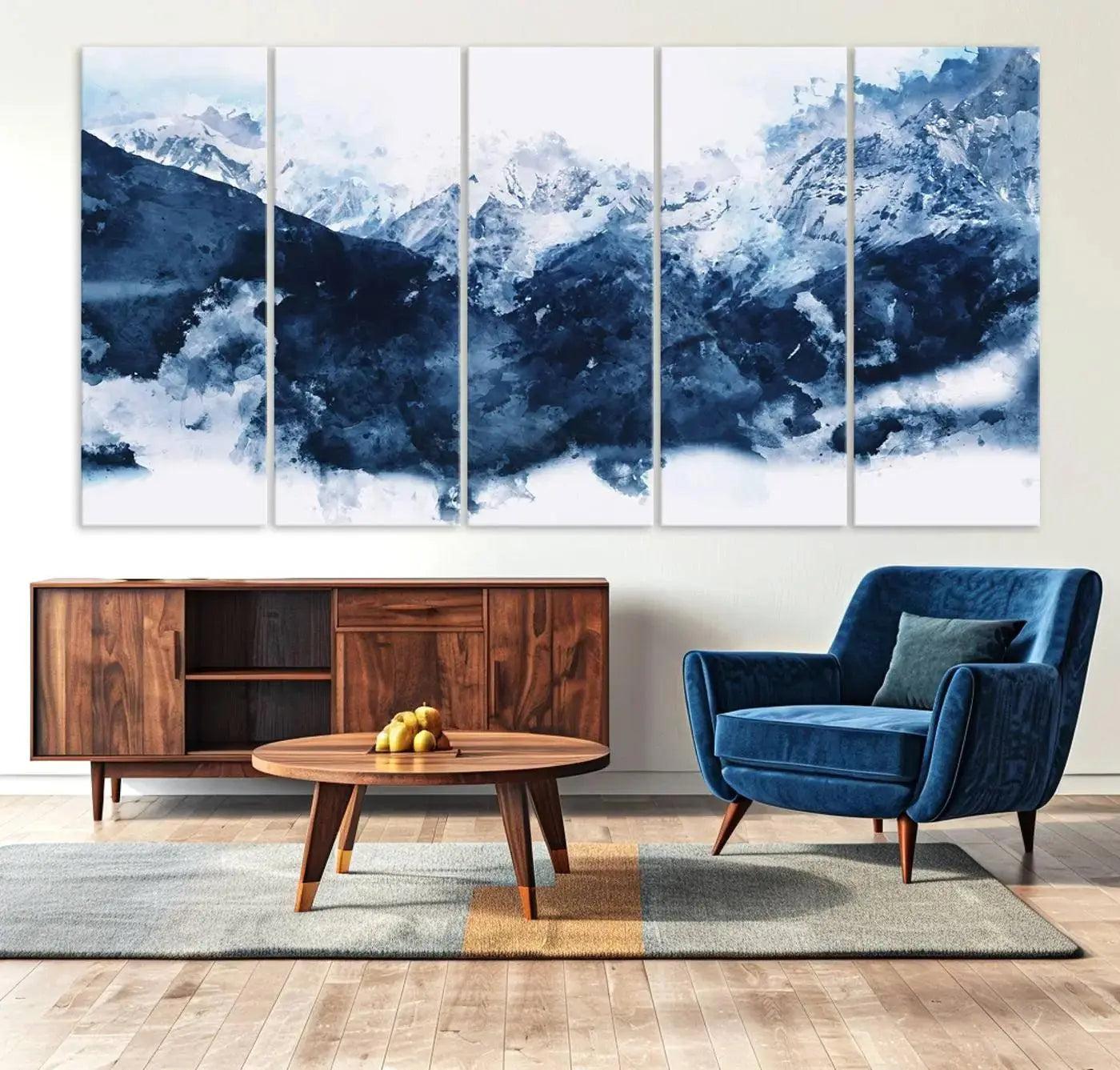 Abstract Blue Mountain Canvas Wall Art – Modern Triptych Landscape Print – Contemporary Nature Decor for Living Room or Office – Ready to