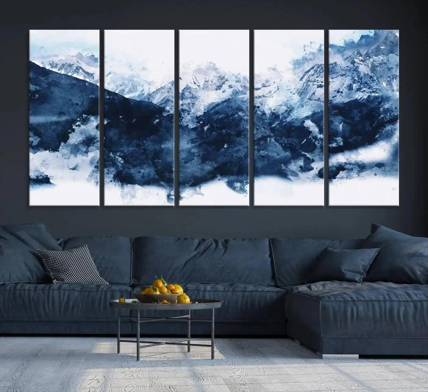 Abstract Blue Mountain Canvas Wall Art – Modern Triptych Landscape Print – Contemporary Nature Decor for Living Room or Office – Ready to