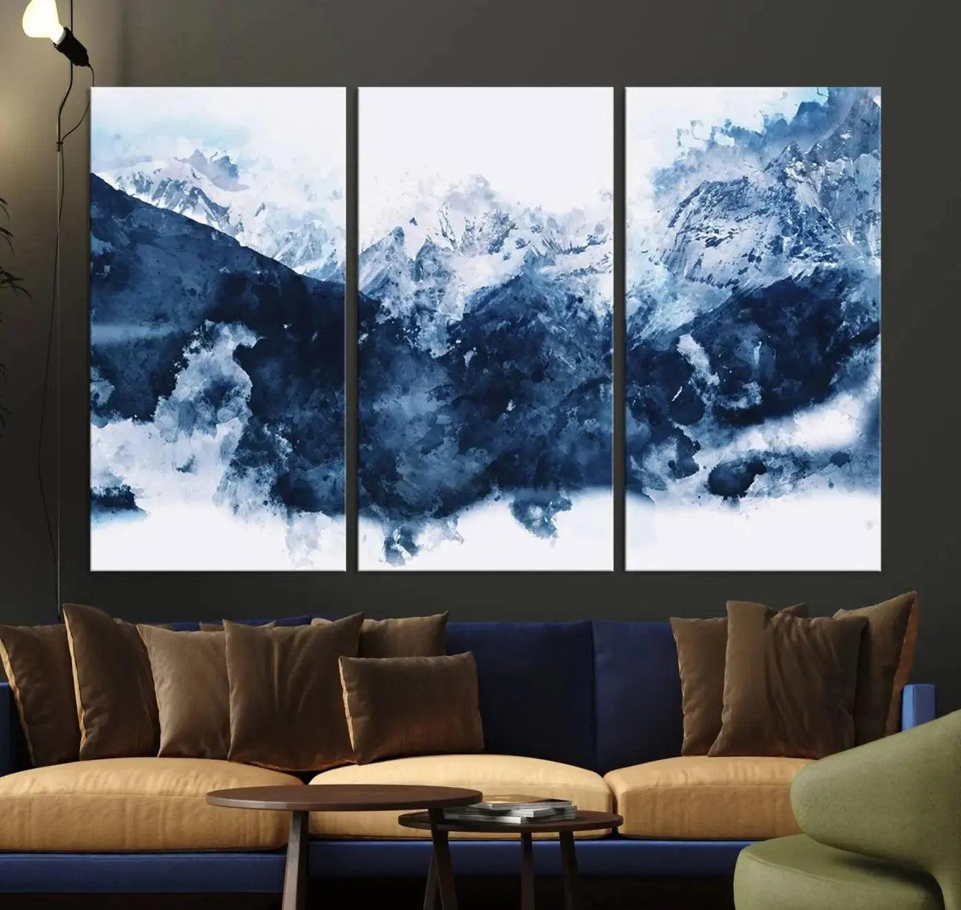 Abstract Blue Mountain Canvas Wall Art – Modern Triptych Landscape Print – Contemporary Nature Decor for Living Room or Office – Ready to