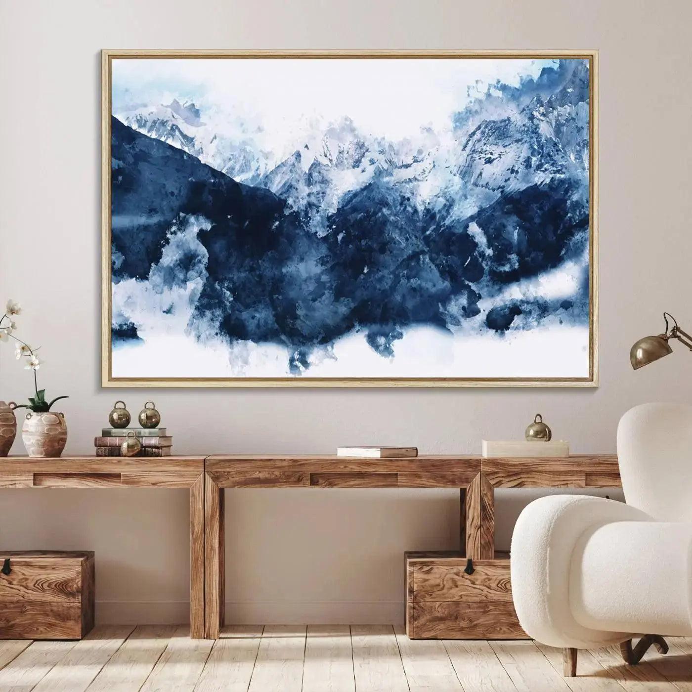 Abstract Blue Mountain Canvas Wall Art – Modern Triptych Landscape Print – Contemporary Nature Decor for Living Room or Office – Ready to
