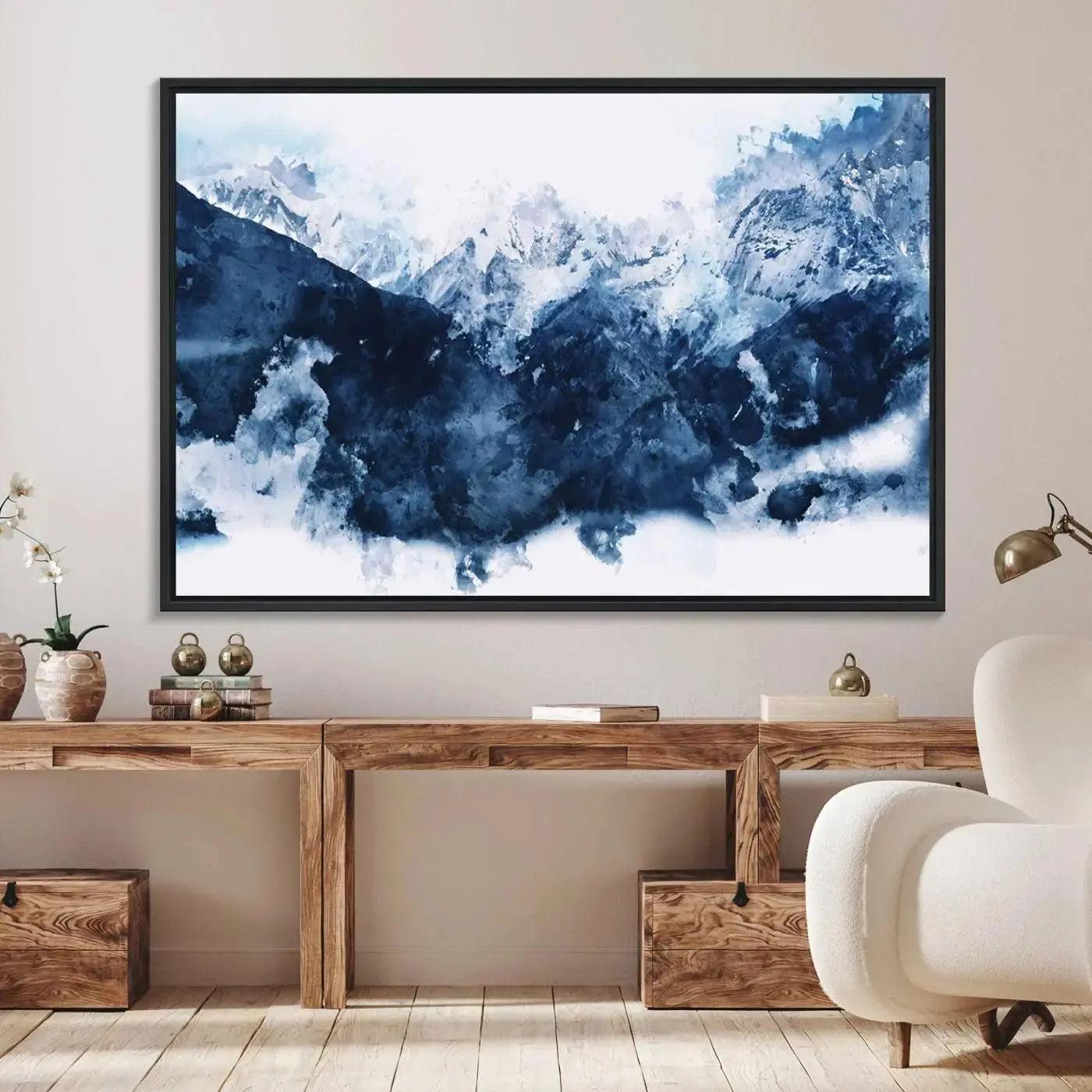 Abstract Blue Mountain Canvas Wall Art – Modern Triptych Landscape Print – Contemporary Nature Decor for Living Room or Office – Ready to