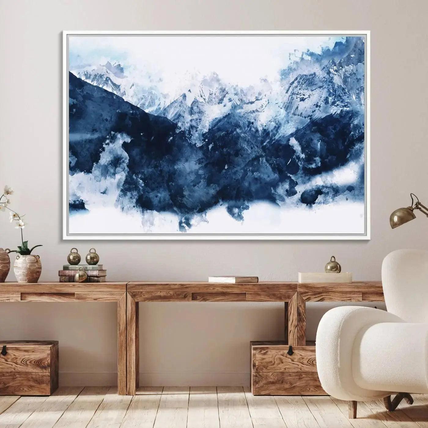 Abstract Blue Mountain Canvas Wall Art – Modern Triptych Landscape Print – Contemporary Nature Decor for Living Room or Office – Ready to