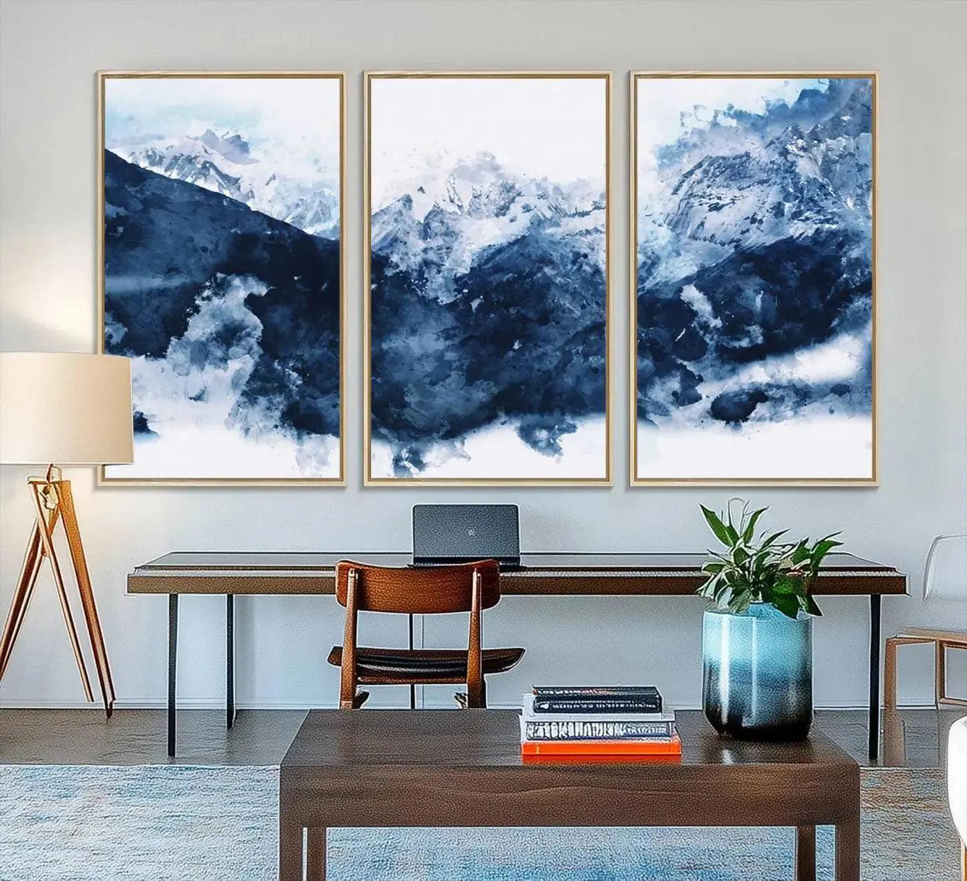 EDIT-81700-Abstract Blue Mountain Canvas Wall Art – Modern Triptych Landscape Print – Contemporary Nature Decor for Living Room or Office – Ready to