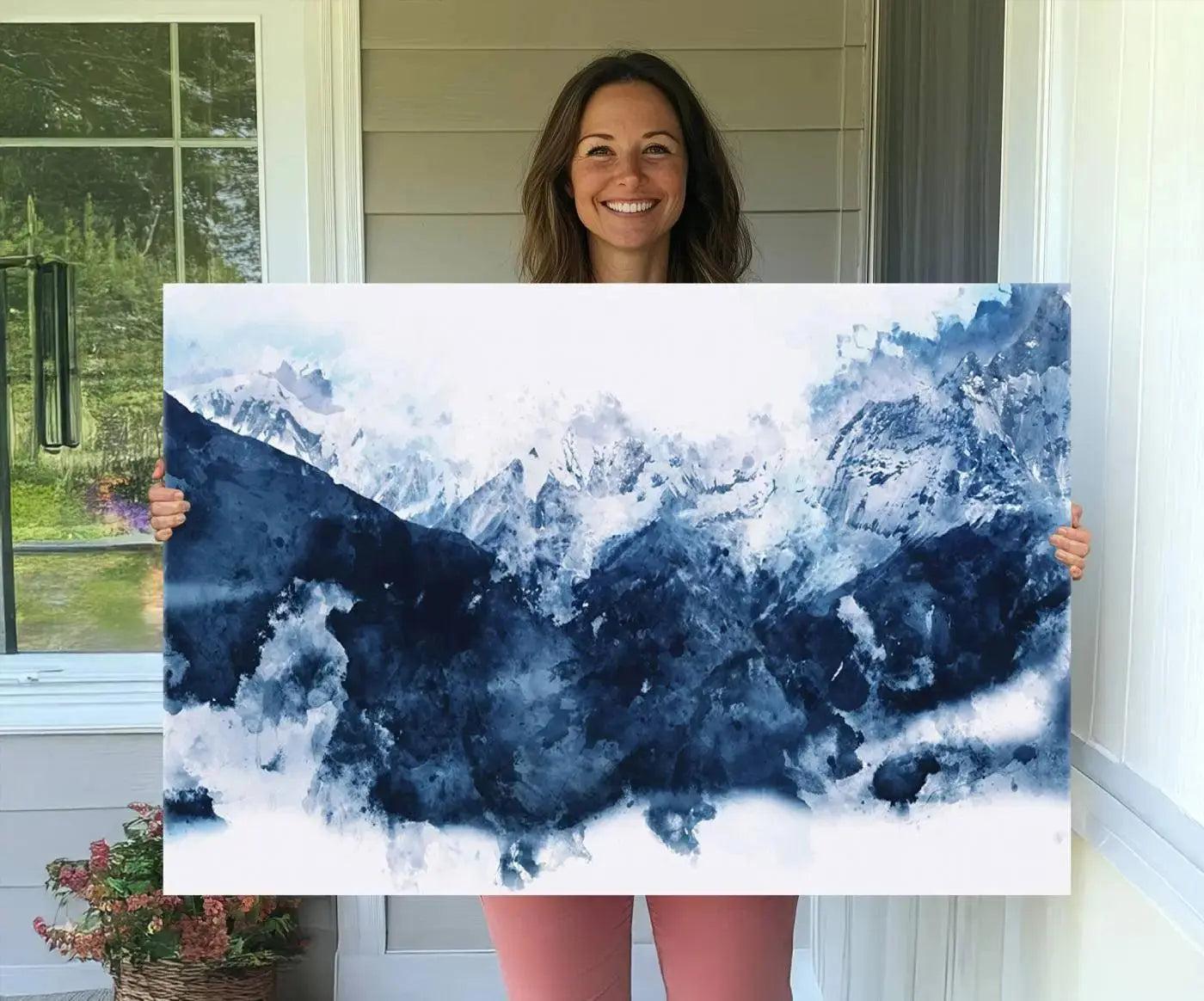 Abstract Blue Mountain Canvas Wall Art – Modern Triptych Landscape Print – Contemporary Nature Decor for Living Room or Office – Ready to