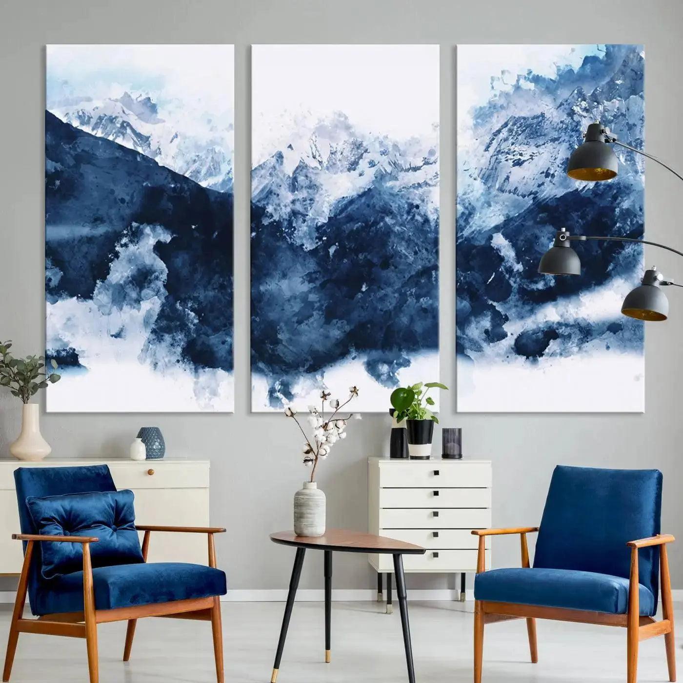 EDIT-81700-Abstract Blue Mountain Canvas Wall Art – Modern Triptych Landscape Print – Contemporary Nature Decor for Living Room or Office – Ready to