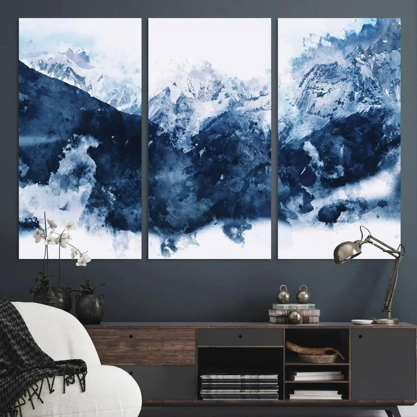 EDIT-81700-Abstract Blue Mountain Canvas Wall Art – Modern Triptych Landscape Print – Contemporary Nature Decor for Living Room or Office – Ready to