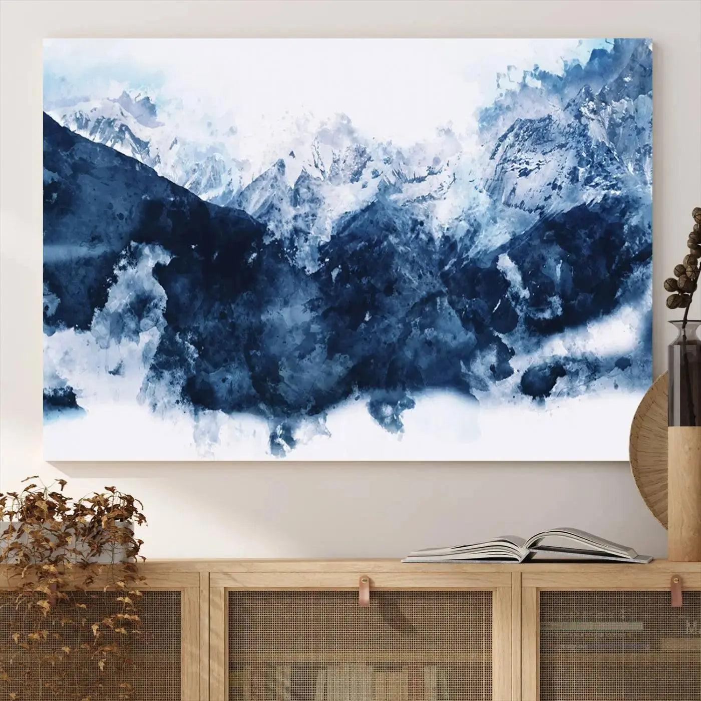 Abstract Blue Mountain Canvas Wall Art – Modern Triptych Landscape Print – Contemporary Nature Decor for Living Room or Office – Ready to