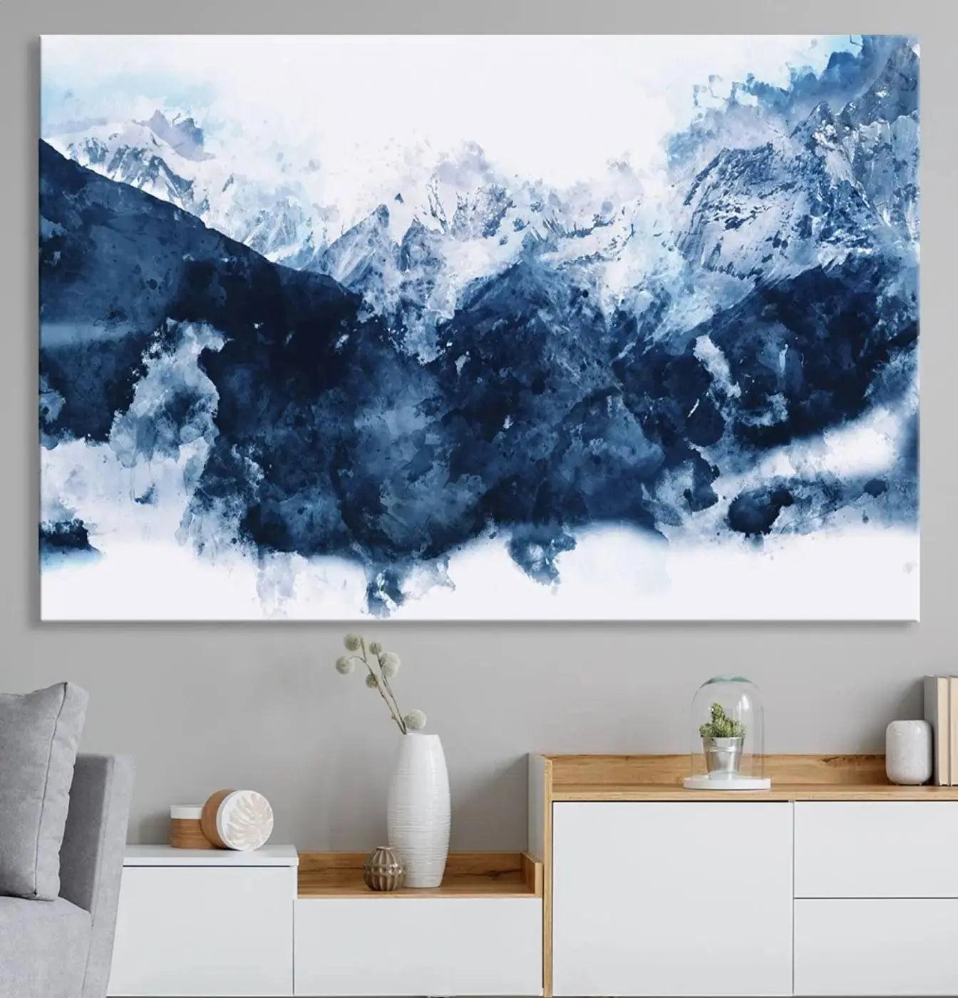 Abstract Blue Mountain Canvas Wall Art – Modern Triptych Landscape Print – Contemporary Nature Decor for Living Room or Office – Ready to