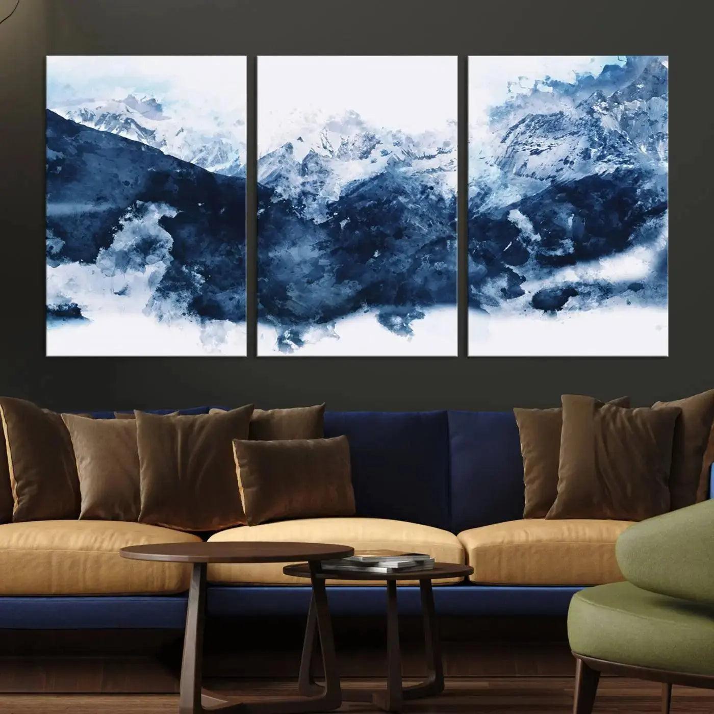 Abstract Blue Mountain Canvas Wall Art – Modern Triptych Landscape Print – Contemporary Nature Decor for Living Room or Office – Ready to