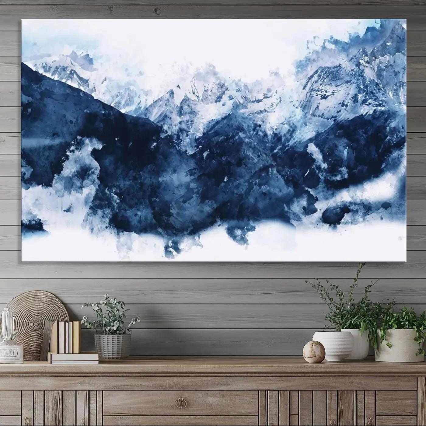 Abstract Blue Mountain Canvas Wall Art – Modern Triptych Landscape Print – Contemporary Nature Decor for Living Room or Office – Ready to
