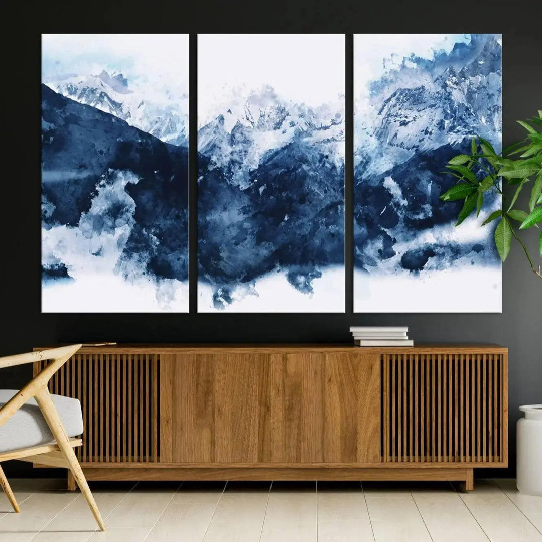 Abstract Blue Mountain Canvas Wall Art – Modern Triptych Landscape Print – Contemporary Nature Decor for Living Room or Office – Ready to