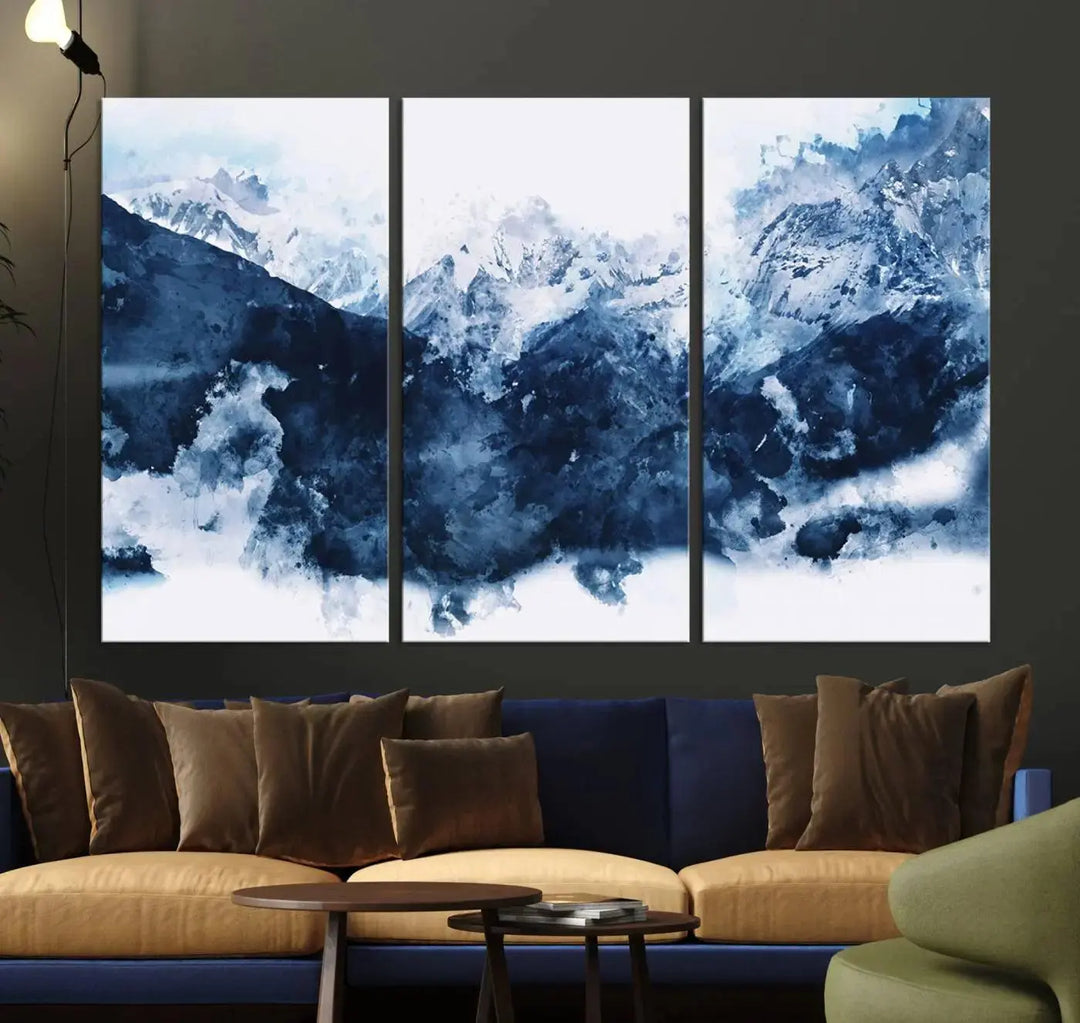 Abstract Blue Mountain Canvas Wall Art – Modern Triptych Landscape Print – Contemporary Nature Decor for Living Room or Office – Ready to