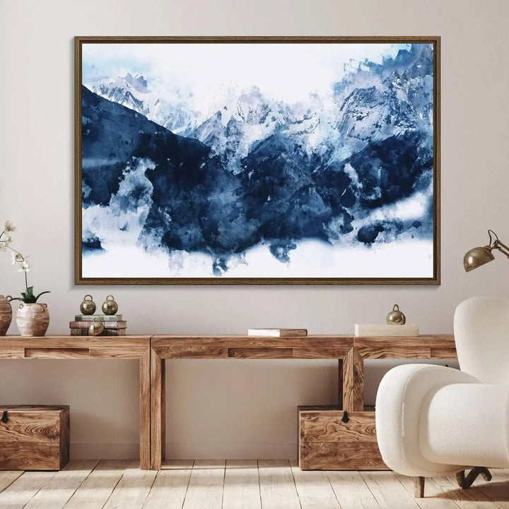 Abstract Blue Mountain Canvas Wall Art – Modern Triptych Landscape Print – Contemporary Nature Decor for Living Room or Office – Ready to Hang