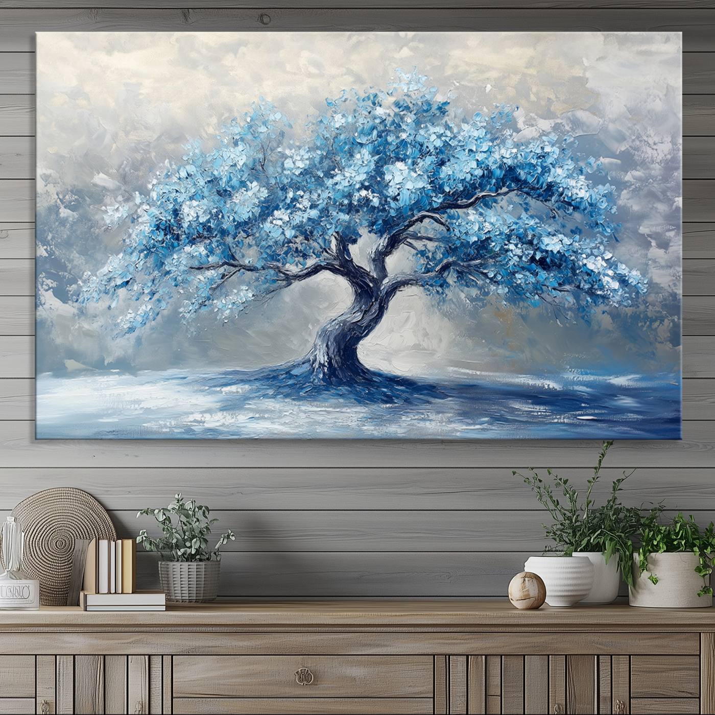 56105-MGV-CV-36X24-Abstract Blue Tree Art Canvas Print, Majestic Tree Wall Art Print for Farmhouse Decor