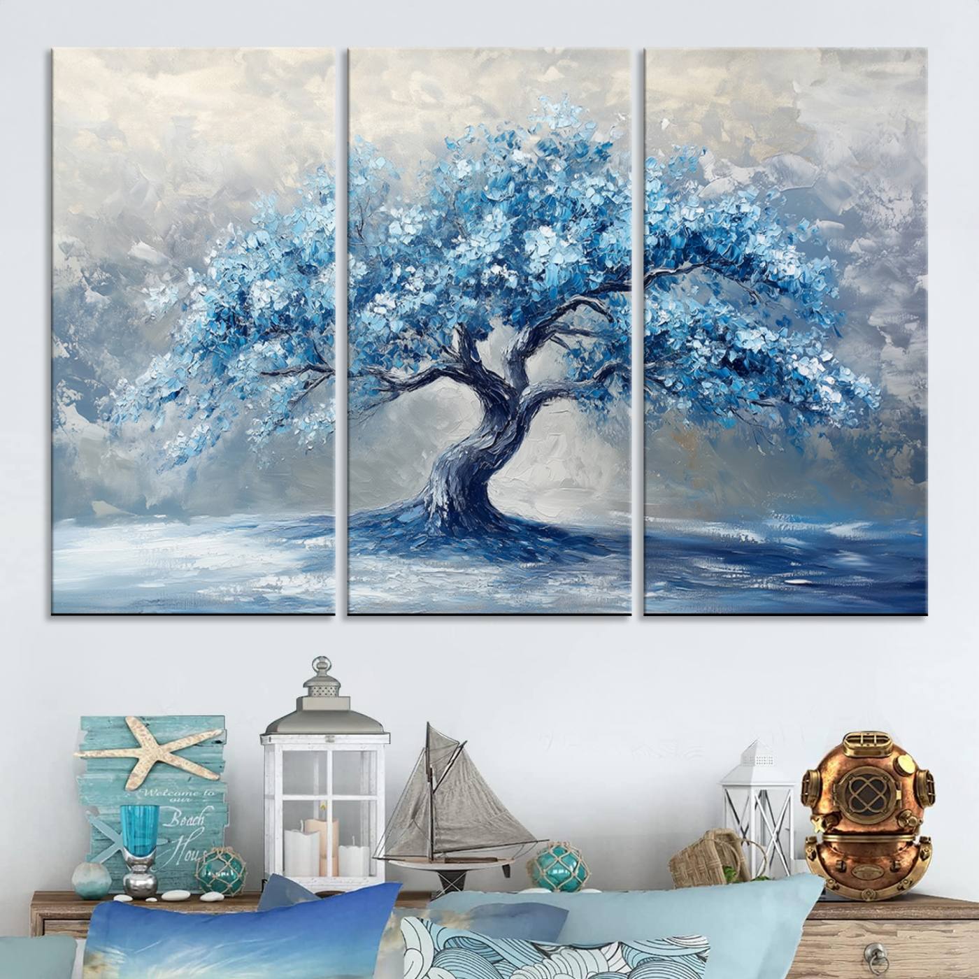 56105-MGV-CV-48X32-3P-Abstract Blue Tree Art Canvas Print, Majestic Tree Wall Art Print for Farmhouse Decor