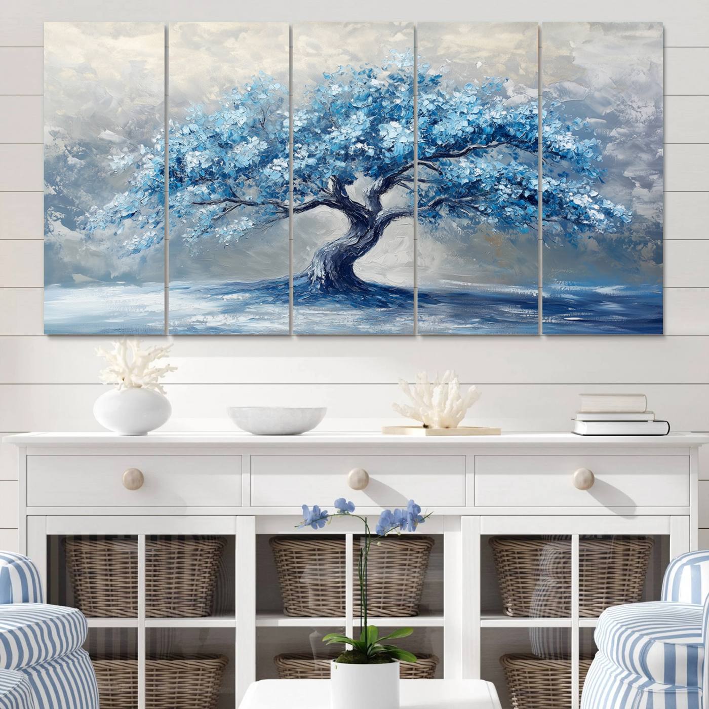 56105-MGV-CV-60X31-5P-Abstract Blue Tree Art Canvas Print, Majestic Tree Wall Art Print for Farmhouse Decor