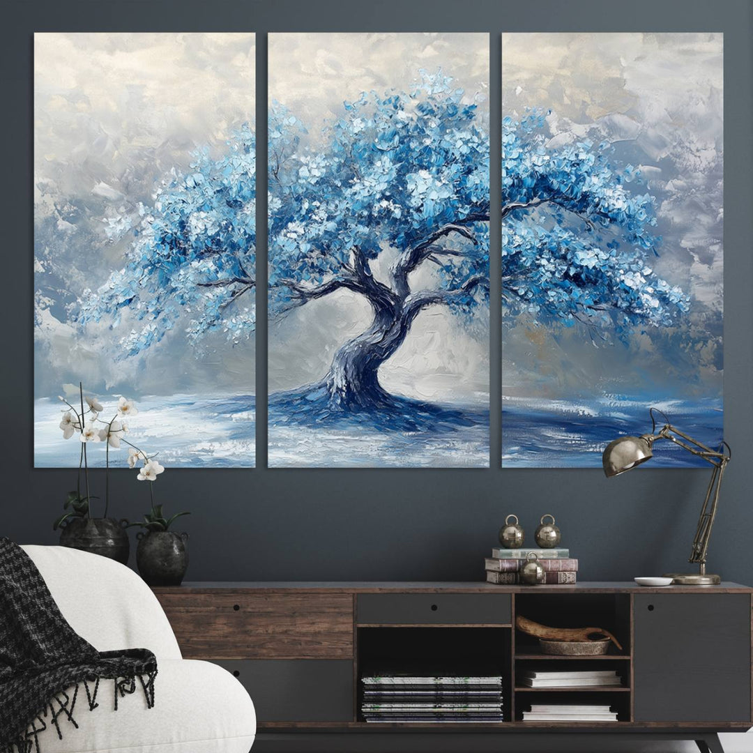 Abstract Blue Tree Art Canvas Print, Majestic Tree Wall Art Print for Farmhouse Decor