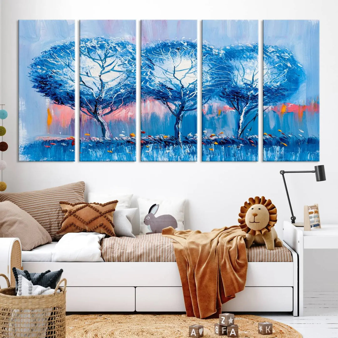 The living room showcases the Abstract Blue Trees Trendy Wall Art Canvas Print, elegantly featuring a triptych of blue trees against a pink background.