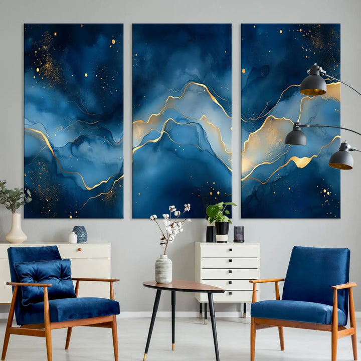 Abstract Blue and Gold Canvas Wall Art - Modern Textured Painting with Fluid Design - Elegant Minimalist Artwork for Home or Office