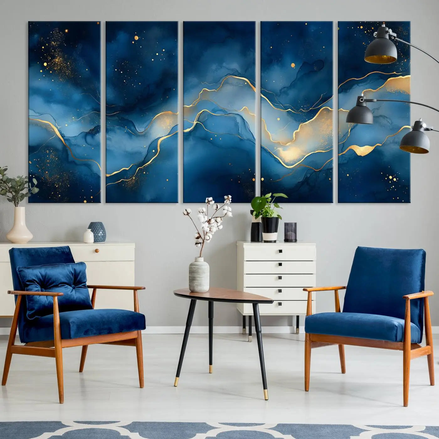 16173-MGV-CV-36X24-Abstract Blue and Gold Canvas Wall Art - Modern Textured Painting with Fluid Design - Elegant Minimalist Artwork for Home or Office
