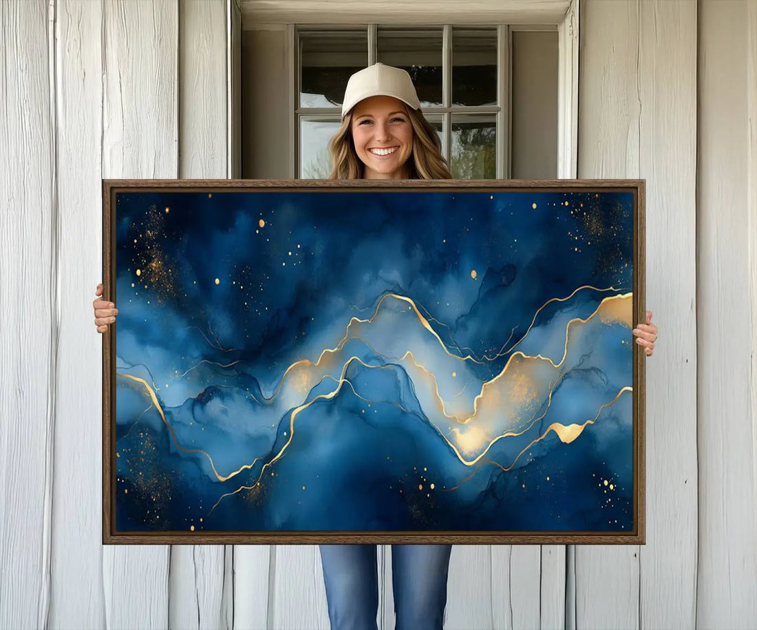 Abstract Blue and Gold Wall Art Canvas Print, Modern Fluid Design Elegant Minimalist