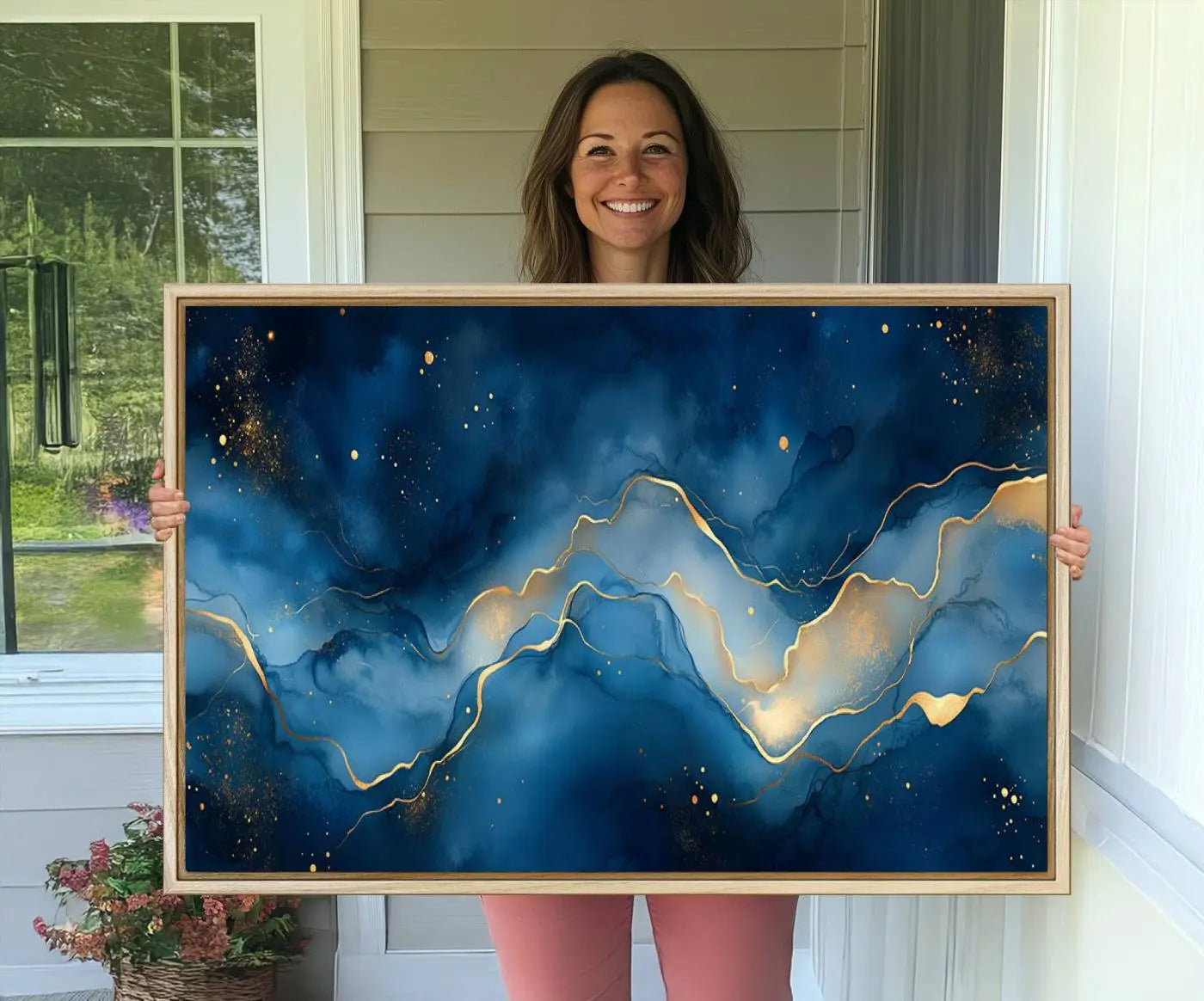 16173-MGV-CV-36X24-Abstract Blue and Gold Canvas Wall Art - Modern Textured Painting with Fluid Design - Elegant Minimalist Artwork for Home or Office