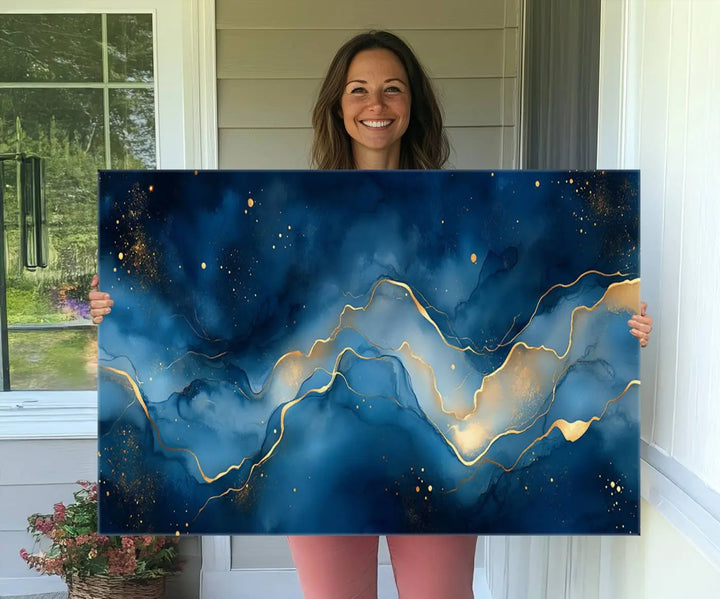Abstract Blue and Gold Canvas Wall Art - Modern Textured Painting with Fluid Design - Elegant Minimalist Artwork for Home or Office