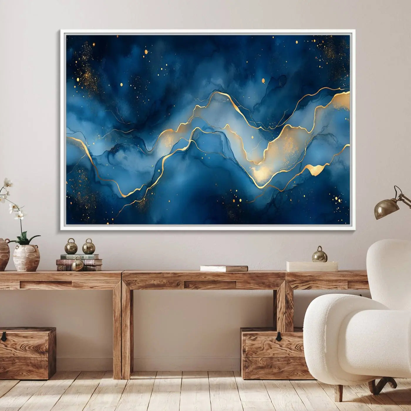 16173-MGV-FC-36X24_White-Abstract Blue and Gold Canvas Wall Art - Modern Textured Painting with Fluid Design - Elegant Minimalist Artwork for Home or Office