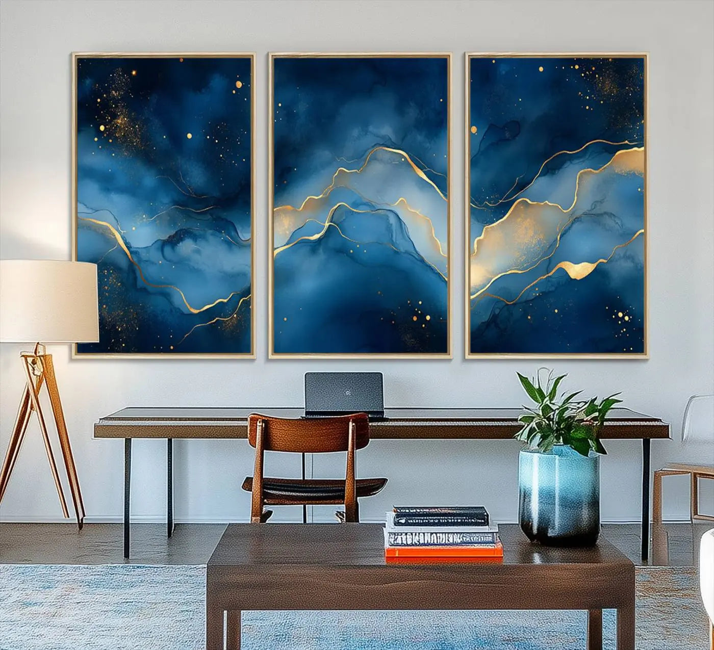 16173-MGV-FC-48X32-3P_Natural-Abstract Blue and Gold Canvas Wall Art - Modern Textured Painting with Fluid Design - Elegant Minimalist Artwork for Home or Office
