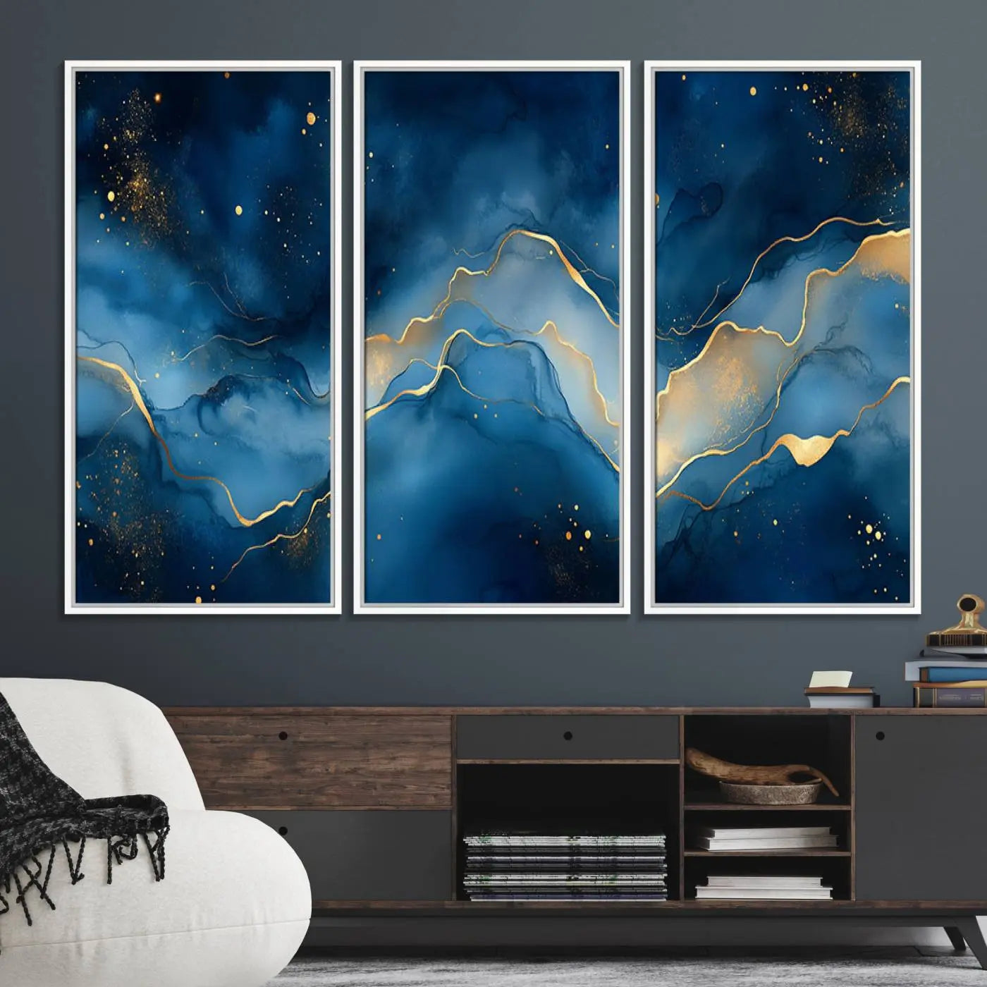 16173-MGV-FC-48X32-3P_White-Abstract Blue and Gold Canvas Wall Art - Modern Textured Painting with Fluid Design - Elegant Minimalist Artwork for Home or Office